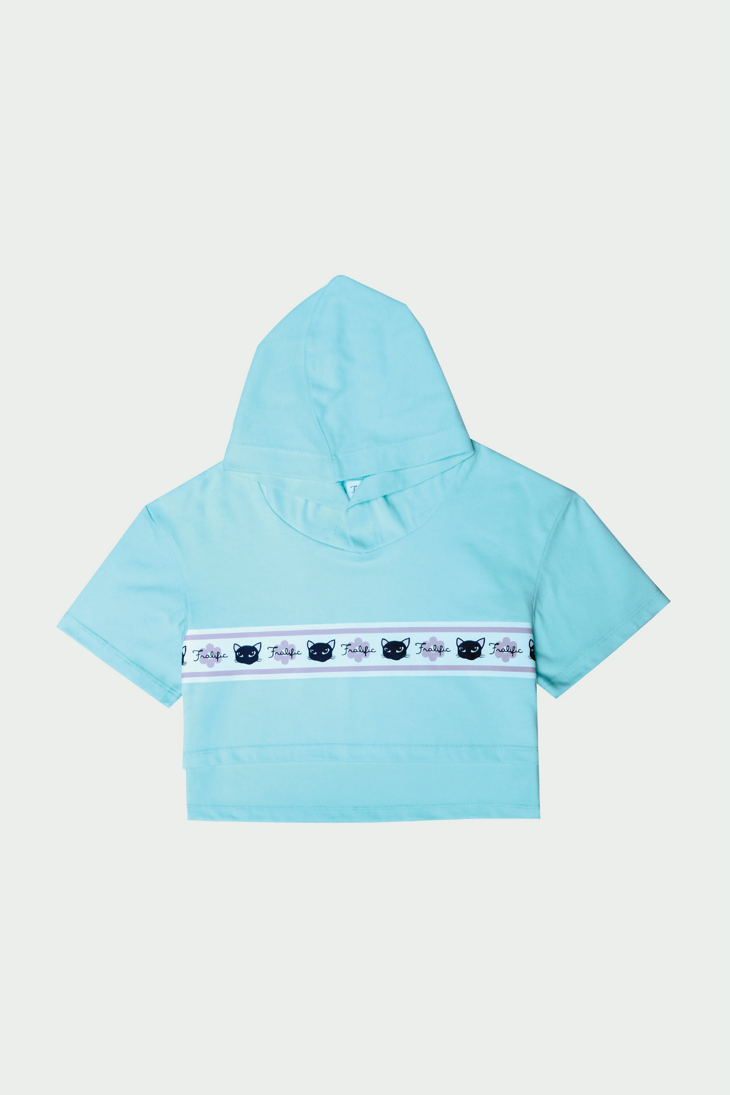 Kids Wear Teal Cropped Hoodie Shirt – Cute Cat Print for Girls