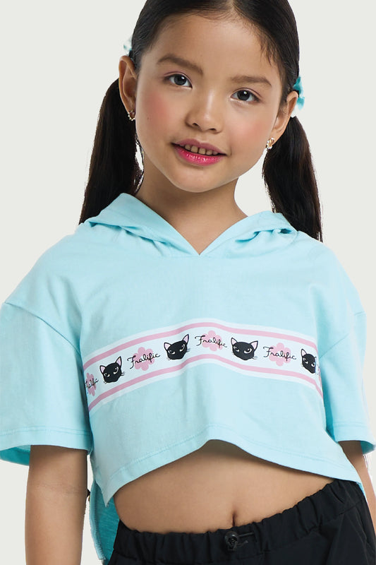 Kids Wear Teal Cropped Hoodie Shirt  – Cute Cat Print for Girls