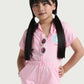 Close-up of light pink hood on girls romper with soft cotton fabric