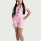 Toddler girl wearing pink cotton romper with hood and button front